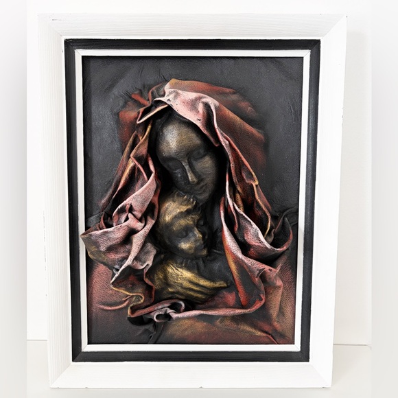 Vintage Framed Leather Madonna & Child Wall Art Sculptural Relief 18.25”x14.25” - Picture 2 of 5